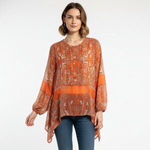 Love Sam Orange Paisley Boho Silk Chiffon Blouse Size XS